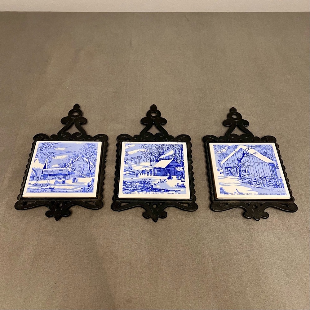 VTG 3x Currier & Ives Cast Iron And Ceramic Tile Trivet W/ Feet Or Hanging Decor